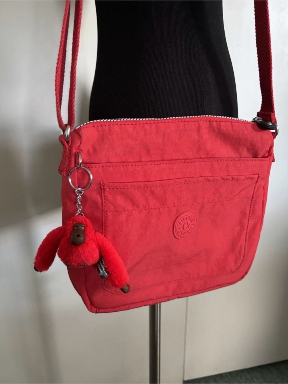 Kipling Sebastian Medium Crossbody Bag In Red Rouge Signature Nylon & Monkey Fob